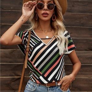 Batwing Sleeve Striped Print Tee
